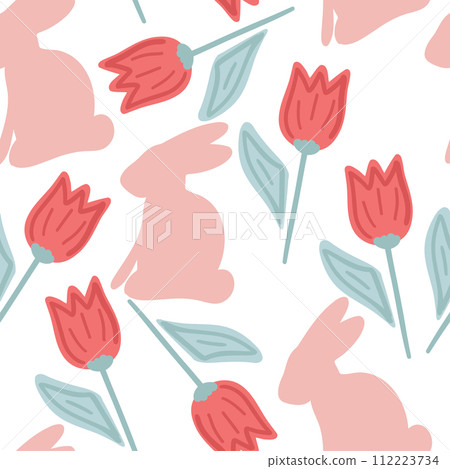 Rabbits flat design tulips seamless pattern Rabbits flat design tulips seamless pattern 112223734