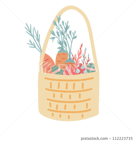 Spring time Easter basket flat design with carrots and coloured eggs Spring time Easter basket flat design with carrots and coloured eggs 112223735