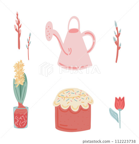 Easter icons willow tulip watering can flat design set 112223738