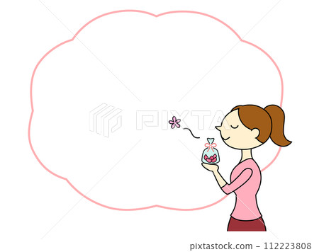 A woman with a ponytail enjoying the scent of a scent bag, with frame and main line A woman with a ponytail enjoying the scent of a scent bag, with frame and main line 112223808