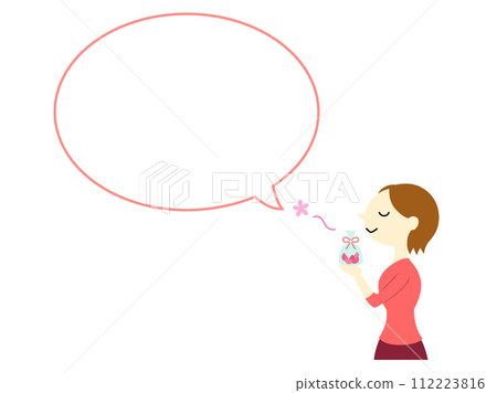 A woman with short hair enjoying the scent of a scent bag, with speech bubble, without main line 112223816