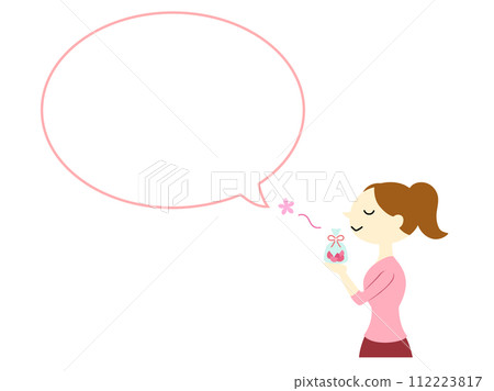 一個綁著馬尾的女人享受著香包的香味，有講話泡泡，沒有主線 112223817