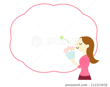 A woman with long hair enjoying the scent of a bouquet, with frame, no main line A woman with long hair enjoying the scent of a bouquet, with frame, no main line 112223838