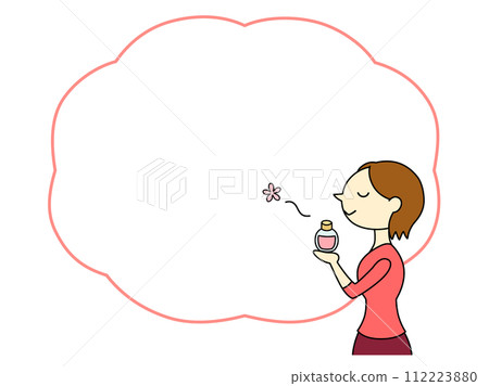 一個短髮的女人享受著香水的香味，有框架和主線 112223880