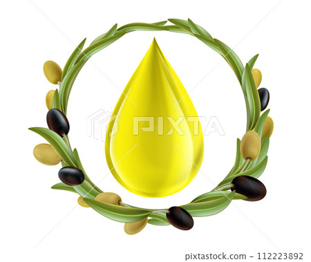 Round wreath of olive branches and a drop of olive oil. 112223892