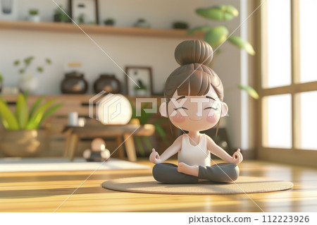 在客廳做瑜珈冥想姿勢的女人 112223926