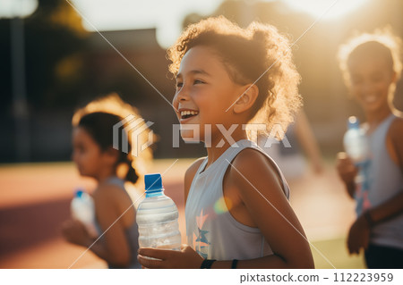 Cute little girl holding a bottle of water and smiling while standing with her friends on sports field 112223959