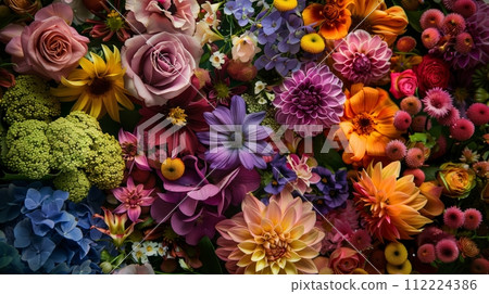 Full frame of various natural flowers, rendered in hyperrealistic detail. 112224386