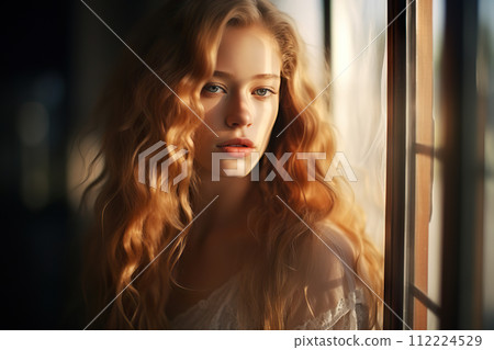 Mystical Beauty Captivating Portrait of a Young Blonde Woman Lost in a Dreamy, Otherworldly Gaze. created with Generative AI 112224529