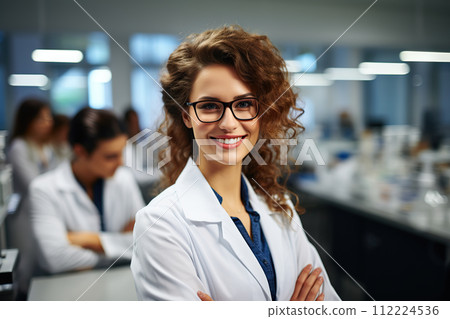 Pioneering Medical Research Dedicated Young Woman Scientist Leading a Team in a State-of-the-Art Laboratory. created with Generative AI 112224536