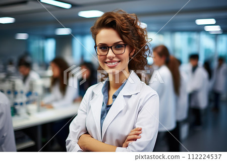 Pioneering Medical Research Dedicated Young Woman Scientist Leading a Team in a State-of-the-Art Laboratory. created with Generative AI 112224537