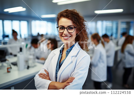 Pioneering Medical Research Dedicated Young Woman Scientist Leading a Team in a State-of-the-Art Laboratory. created with Generative AI 112224538