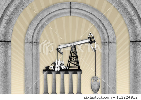 Art concept. Oil pump stands on stone columns and pumps oil from a amphora on a background of architectural arches. Pump Jack and classical architecture objects. Template for poster, art, zine, dj. 112224912