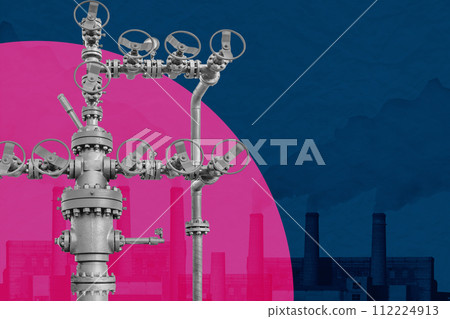 Surreal collage with industrial oil rig. Art poster, template concept design or zine cover. Wellhead Surreal collage with industrial oil rig. Art poster, template concept design or zine cover. Wellhead 112224913