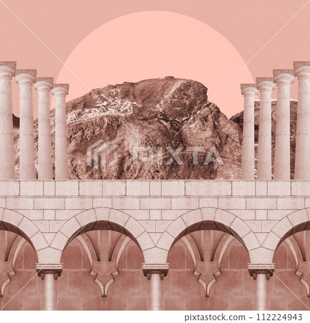 Surreal collage with elements classic architecture. Art poster, concept, zine cover. Antique cityscape Surreal collage with elements classic architecture. Art poster, concept, zine cover. Antique cityscape 112224943