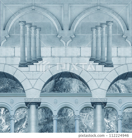 Surreal collage with elements classic architecture. Art poster, concept, zine cover. Antique cityscape 112224946