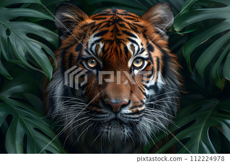Close Up of Tiger Surrounded by Leaves 112224978