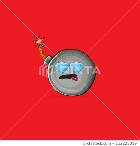 Cartoon burning bomb characters isolated on red background. Funky bomb character with eyes and mouth. Vector bomb clip art, emoji, label and sticker Cartoon burning bomb characters isolated on red background. Funky bomb character with eyes and mouth. Vector bomb clip art, emoji, label and sticker 112225019