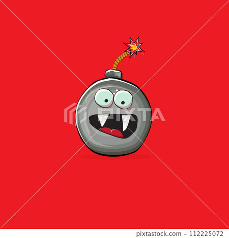 Cartoon burning bomb characters isolated on red background. Funky bomb character with eyes and mouth. Vector bomb clip art, emoji, label and sticker Cartoon burning bomb characters isolated on red background. Funky bomb character with eyes and mouth. Vector bomb clip art, emoji, label and sticker 112225072
