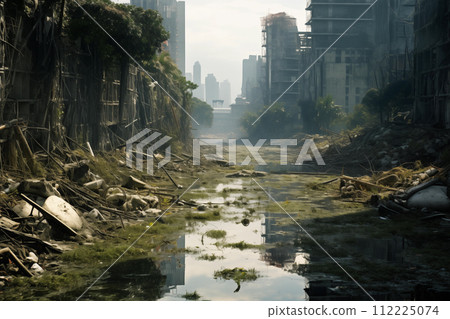 Abandoned city in the jungle. Impact of urbanization on natural habitats Abandoned city in the jungle. Impact of urbanization on natural habitats 112225074