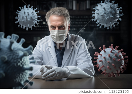 Serious doctor looking at camera while sitting at table with virus cells 112225105