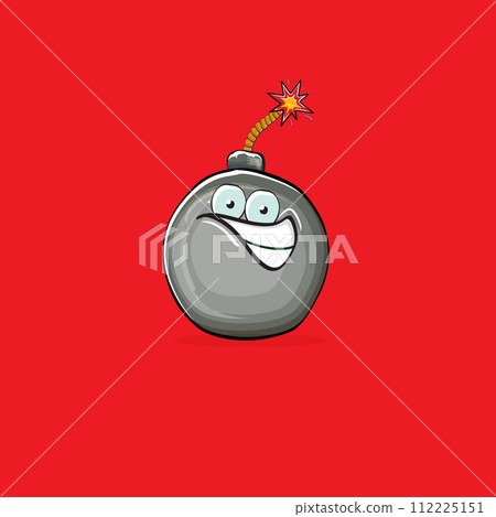 Cartoon burning bomb characters isolated on red background. Funky bomb character with eyes and mouth. Vector bomb clip art, emoji, label and sticker Cartoon burning bomb characters isolated on red background. Funky bomb character with eyes and mouth. Vector bomb clip art, emoji, label and sticker 112225151