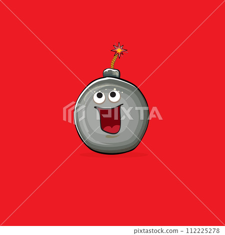 Cartoon burning bomb characters isolated on red background. Funky bomb character with eyes and mouth. Vector bomb clip art, emoji, label and sticker 112225278