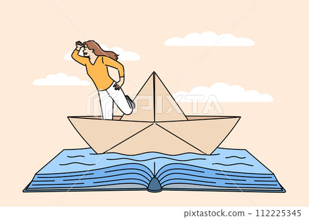 Woman bookworm fantasizes about sailing on ocean, standing in ship floating on book made of water 112225345