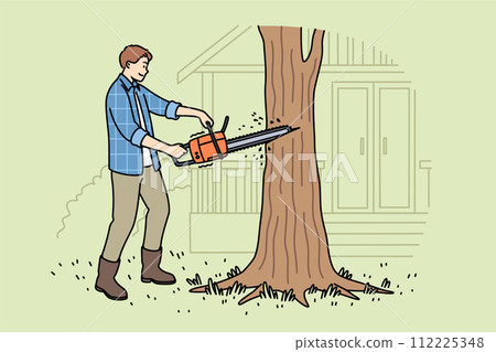 Man lumberjack uses chainsaw to get rid of old, diseased tree growing near house Man lumberjack uses chainsaw to get rid of old, diseased tree growing near house 112225348