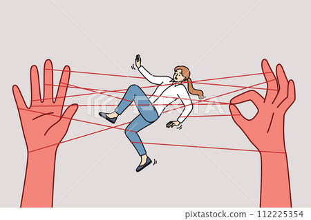 Business woman in manipulator networks with big hands, concept unethical human resource management 112225354