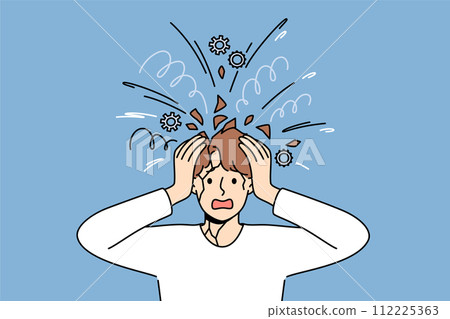 Psychologically unbalanced man feels head explode due to excessive worries caused by stress Psychologically unbalanced man feels head explode due to excessive worries caused by stress 112225363