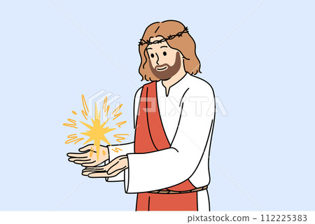 Jesus demonstrates miracle after second coming, dressed in crown of thorns and ancient vestments 112225383