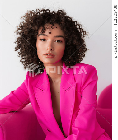 Confident Young Woman in Bright colored Blazer Sitting on a Bright colored Sofa 112225439