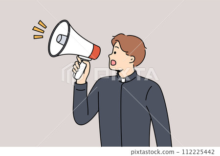 Man shepherd shouts into megaphone, announcing start religious sermon in catholic religious church Man shepherd shouts into megaphone, announcing start religious sermon in catholic religious church 112225442