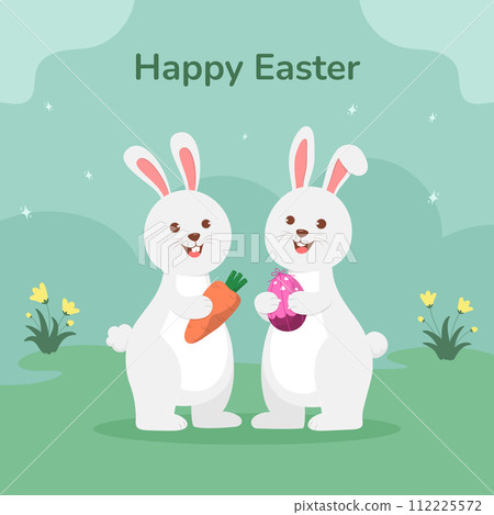 Cute Easter bunnies celebrating on Eater day, cartoon character vector illustration 112225572