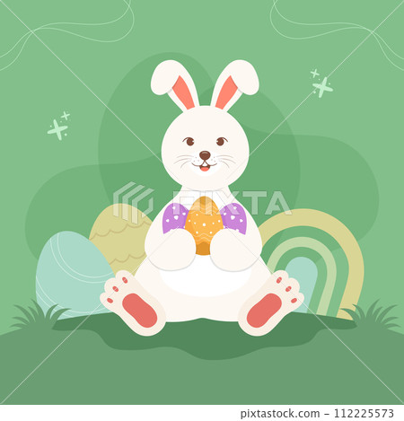 Cute Easter bunny with Easter eggs, cartoon character design for Easter day. Vector illustration 112225573