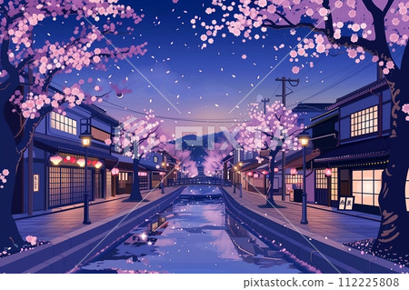 Cherry blossoms and townscape/quiet spring night "AI generated image" 112225808