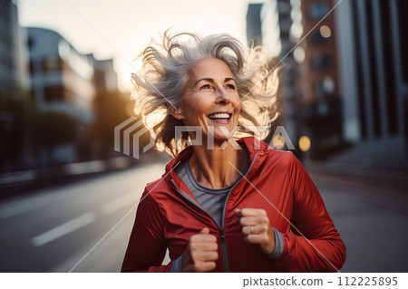 Elderly Vitality Senior Woman Embracing a Healthy Lifestyle for Longevity with a Morning Run in the City. created with Generative AI Elderly Vitality Senior Woman Embracing a Healthy Lifestyle for Longevity with a Morning Run in the City. created with Generative AI 112225895