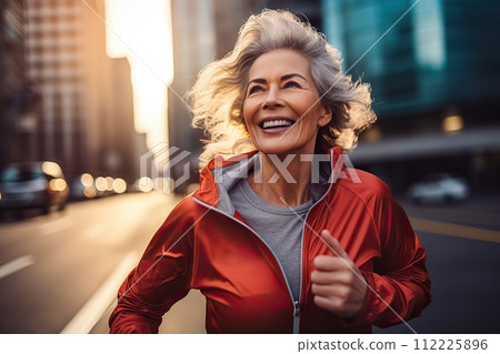 Elderly Vitality Senior Woman Embracing a Healthy Lifestyle for Longevity with a Morning Run in the City. created with Generative AI 112225896