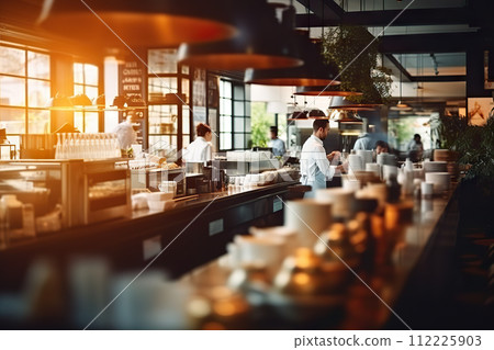 Bustling Cafe Ambiance: Blurred Coffee Shop with Chefs, Waiters, and Patrons in Action. created with Generative AI 112225903