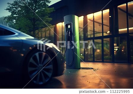 Efficient Urban Mobility Modern Fast Electric Vehicle Chargers Powering Cars in a Park. created with Generative AI 112225995