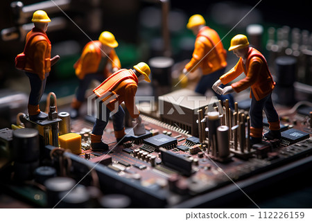 Technician Team Figurines Conducting Computer Motherboard Maintenance, Embracing the Potential of Generative AI Technology. created with Generative AI 112226159