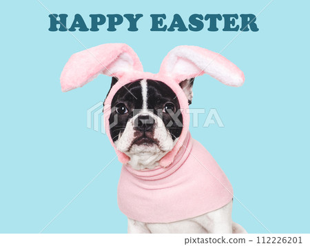 Happy Easter. Cute puppy and a basket of Easter eggs 112226201