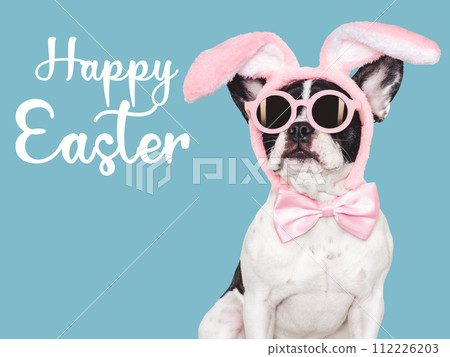 Happy Easter. Cute puppy and a basket of Easter eggs Happy Easter. Cute puppy and a basket of Easter eggs 112226203