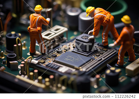 Technician Team Figurines Conducting Computer Motherboard Maintenance, Embracing the Potential of Generative AI Technology. created with Generative AI 112226242