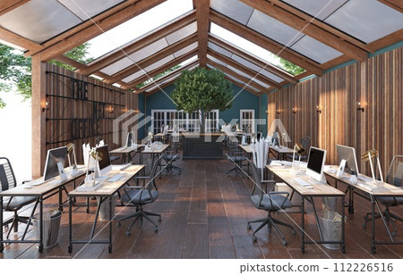 A large open office space with wooden floors 112226516