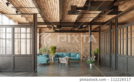 A modern loft living room with a couch, a coffee table A modern loft living room with a couch, a coffee table 112226517