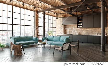A modern loft living room with a couch, a kitchen 112226520
