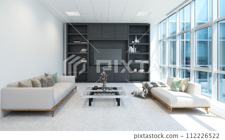 A living room with a white couch and two white chairs A living room with a white couch and two white chairs 112226522