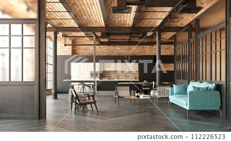 A modern loft living room with a couch, a kitchen 112226523
